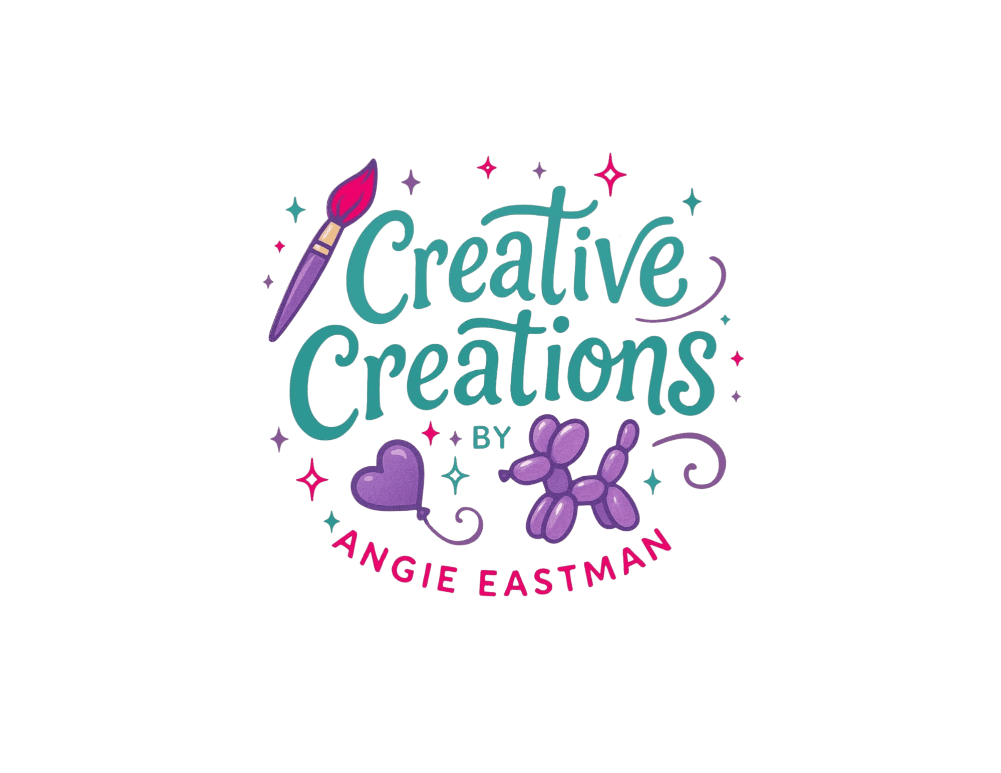 Logo for Creative Creations by Angie Eastman featuring a colorful paintbrush and teal script text with decorative stars, hearts, and balloons surrounding the name.